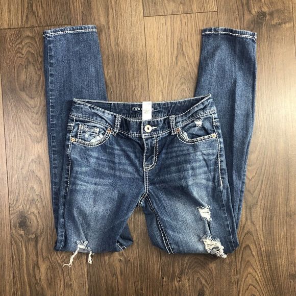 Maurices Denim Jeans Jeggings Distressed  Patch BOHO 3 Long Stretch - Picture 12 of 14